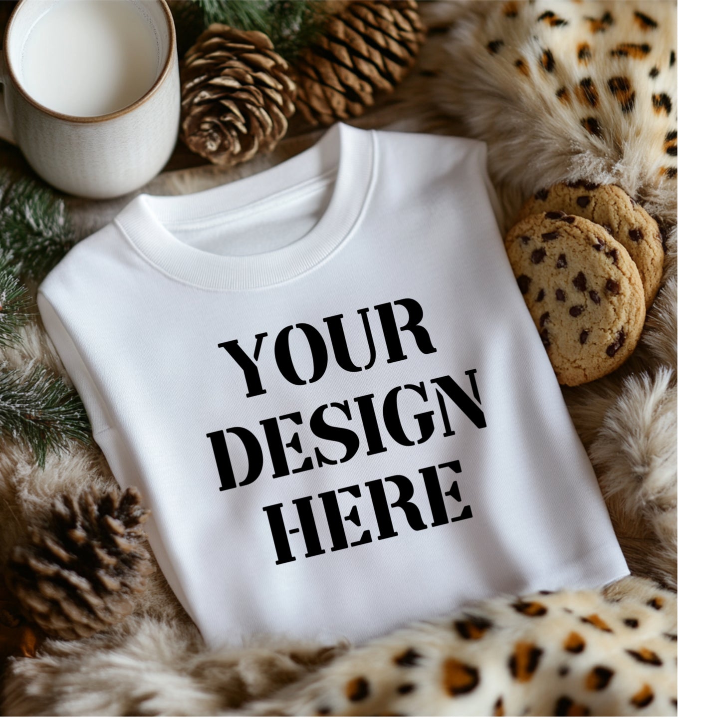 White mock-up leopard rug Christmas milk cookies