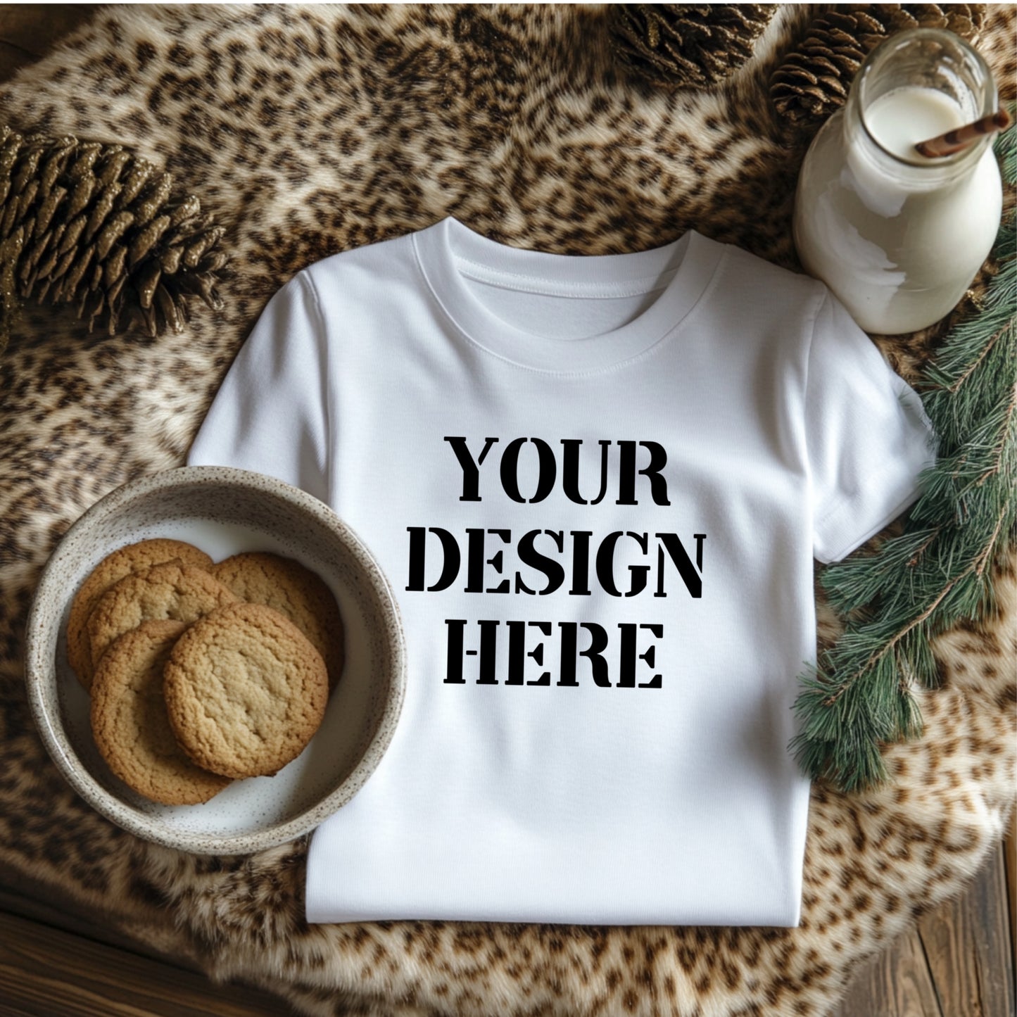 White mock-up leopard rug Christmas milk cookies