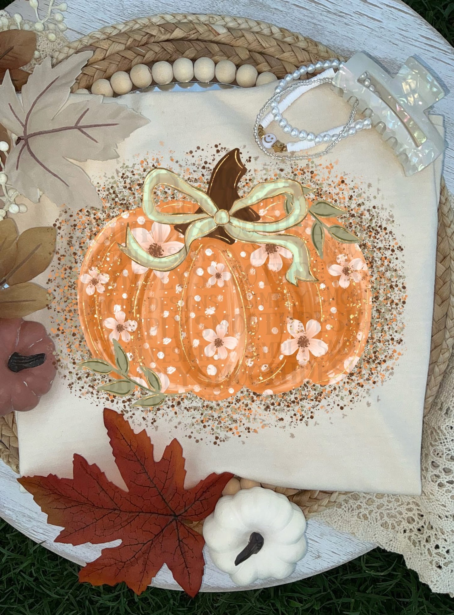 Floral Pumpkin Green Bow