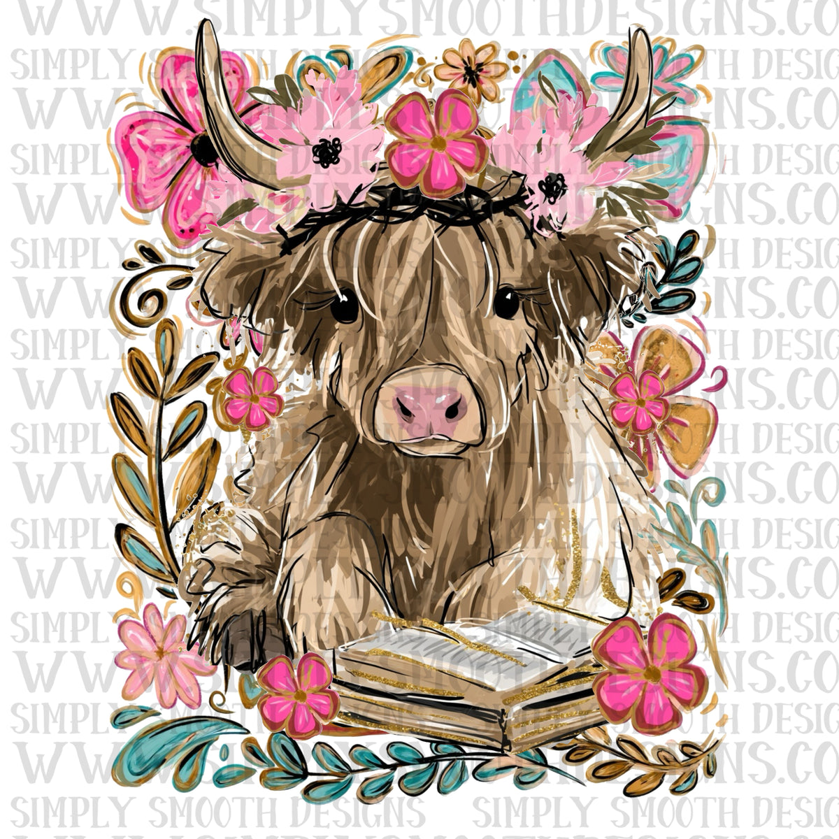 Highland cow Bible floral