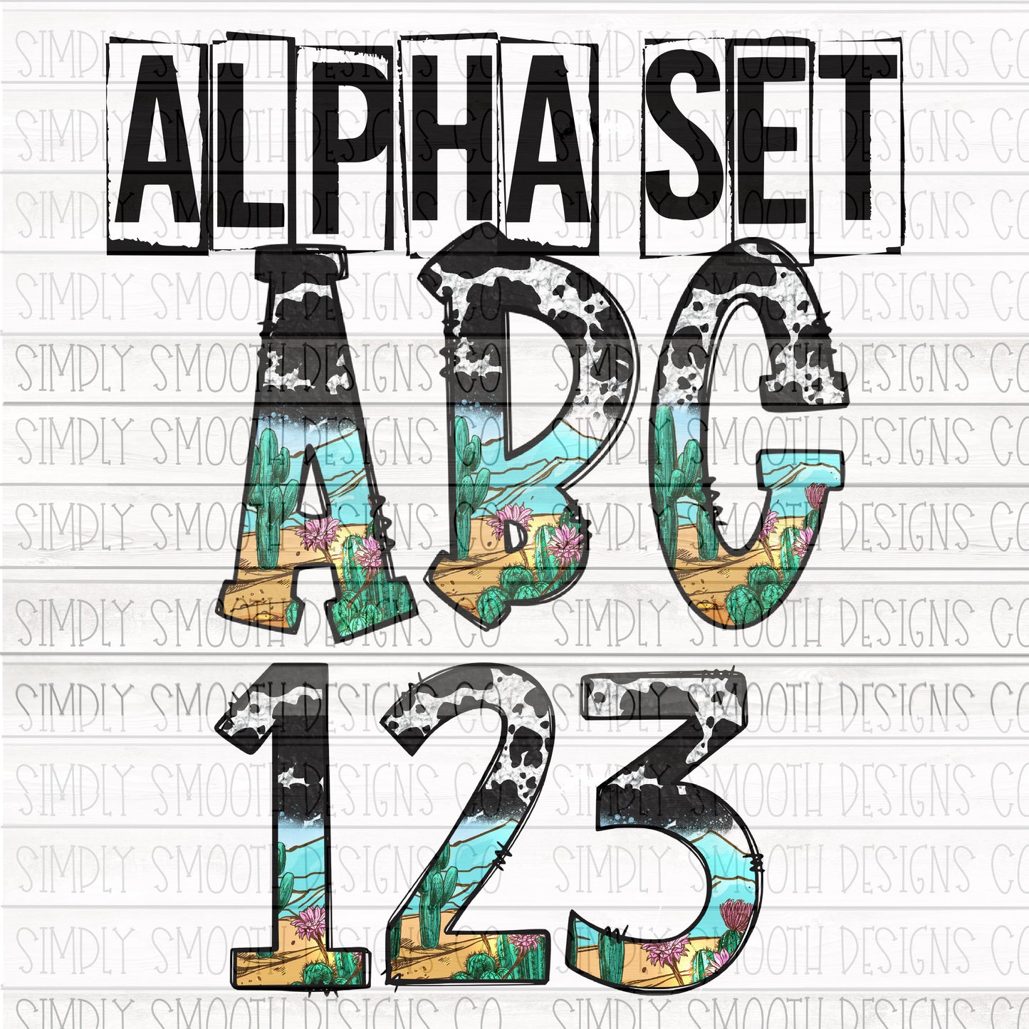 Cactus cow print Alpha and number set. 36 total files