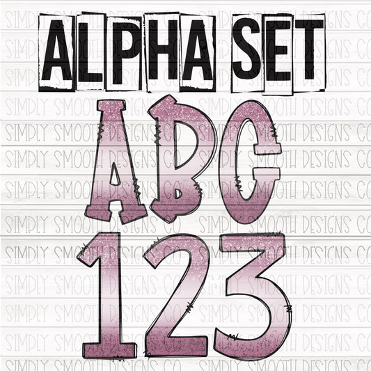 Mauve and white Alpha and number set. 36 total files