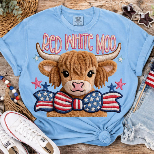 Red White Moo Faux Embroidery