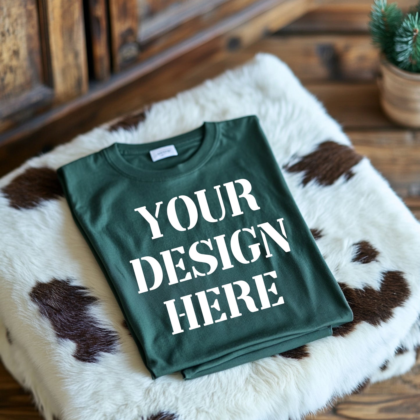 Green Mock up Christmas with cow rug