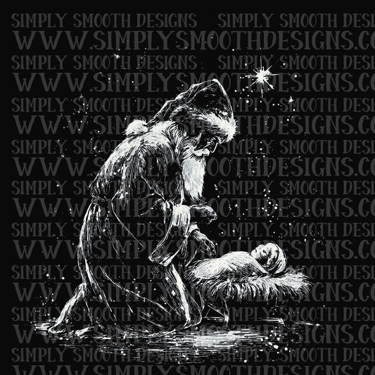 Santa Watching Baby Jesus Star Half Tone