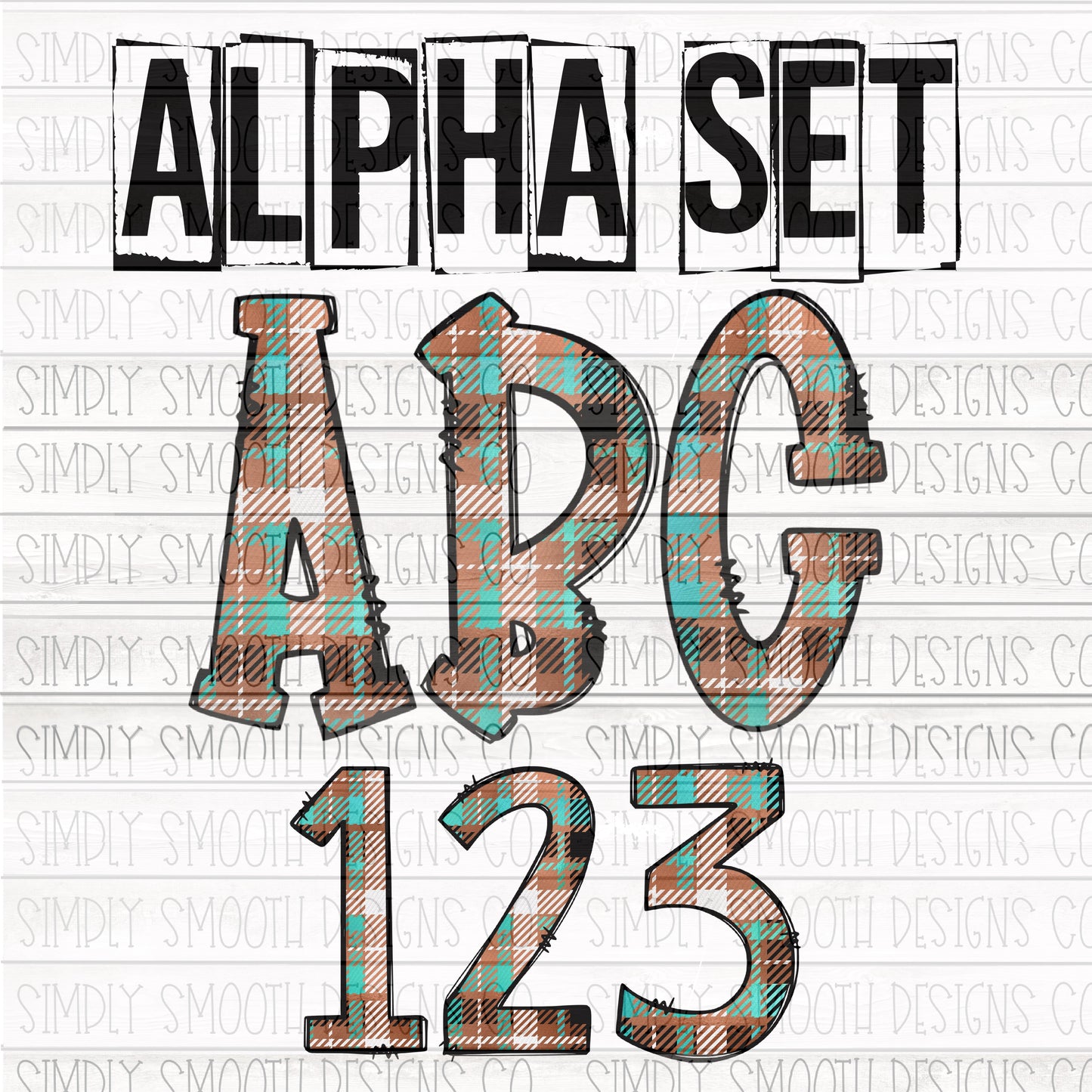 Brown Teal Plaid Alpha and number set. 36 total files