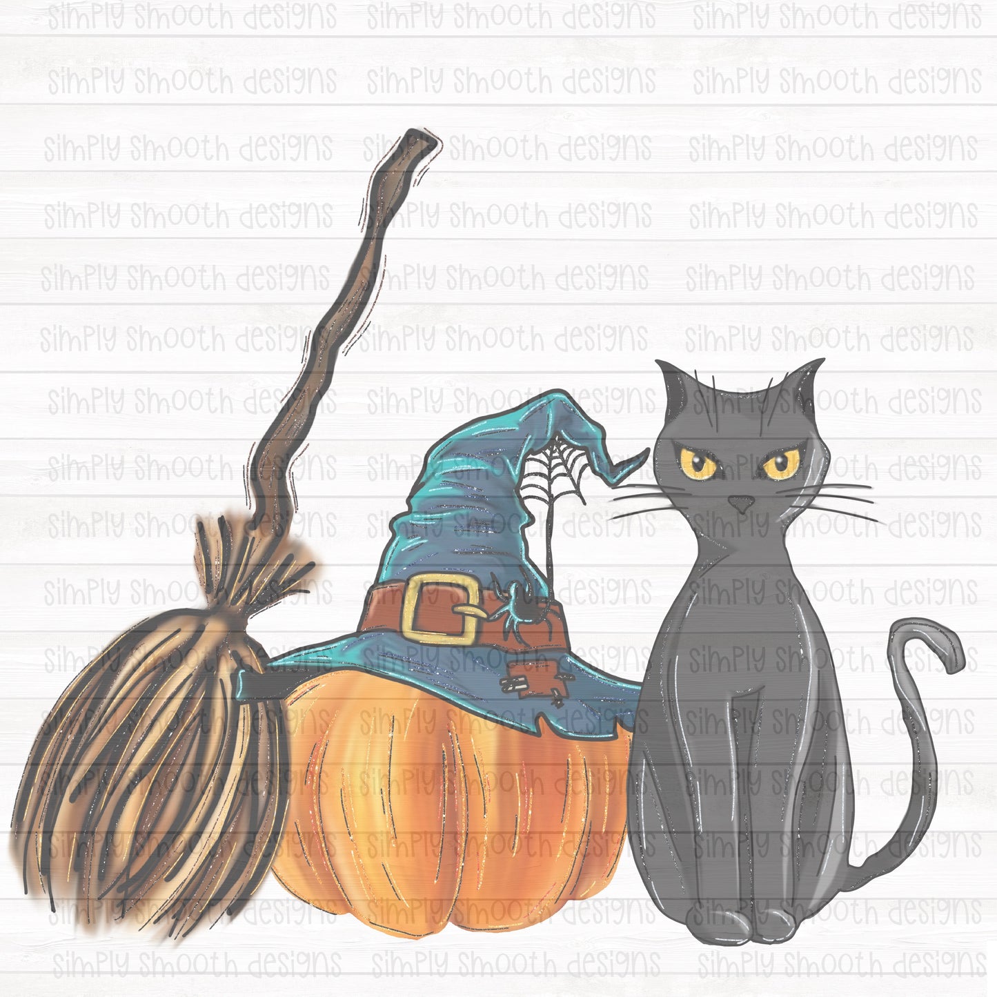 Halloween pumpkin broom cat witch hat glitter